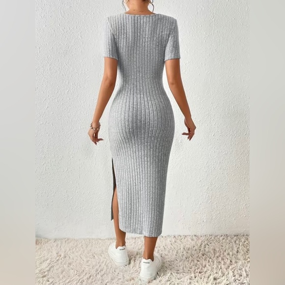 Soft Gray Ribbed Square Neck Side Slit Midi Dress - Picture 5 of 5